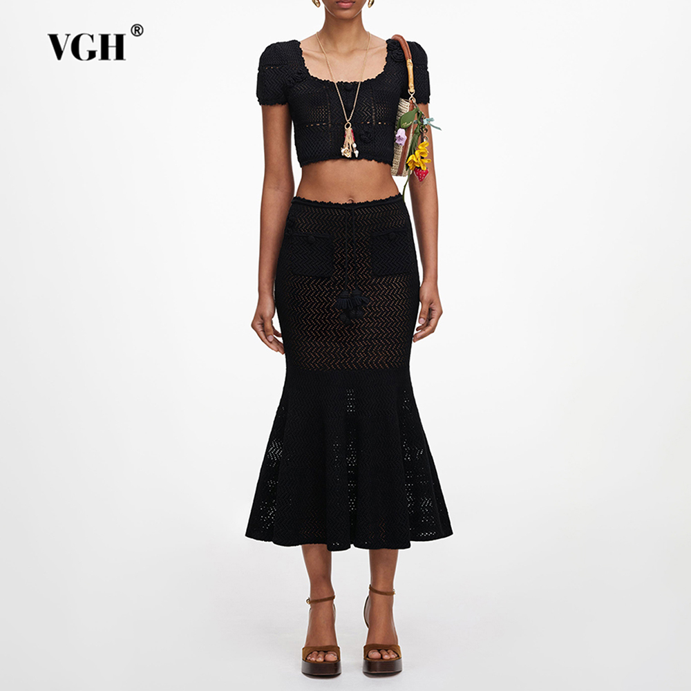 VGH Black 3D Floral Hollow Kni - Crop Top Crochet ulasan dan harga