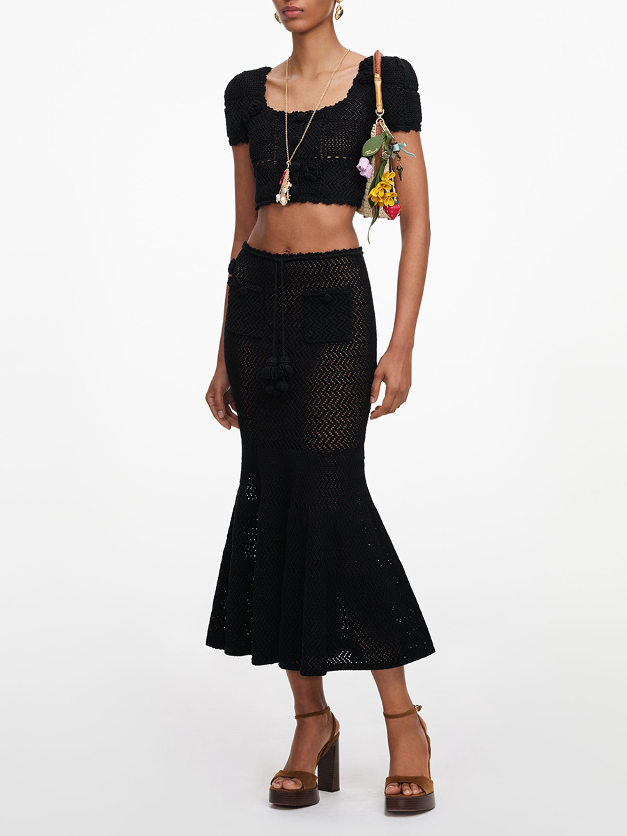VGH Black 3D Floral Hollow Kni - Crop Top Crochet ulasan dan harga