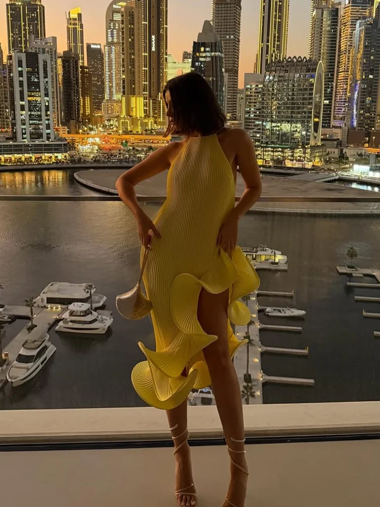 Women Elegant Yellow Halter Ma - Maxi Dress Halter ulasan dan harga